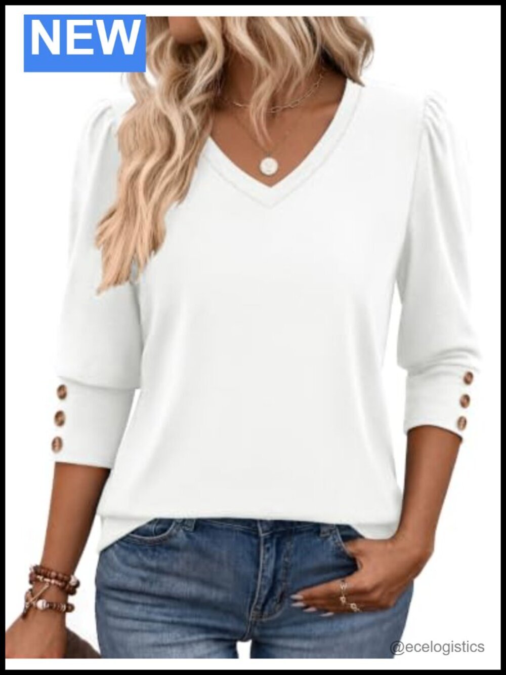 3/4 Sleeve V Neck Tunic Top with Puff Sleeves & Button Details, Dressy Casual